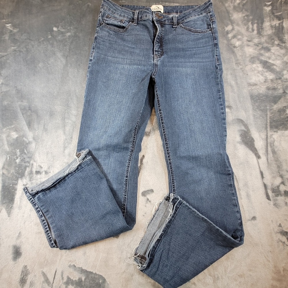 Jordache Women 12 Bootcut Jeans Medium Wash Raw Hem Stretch Denim Blue RN99166